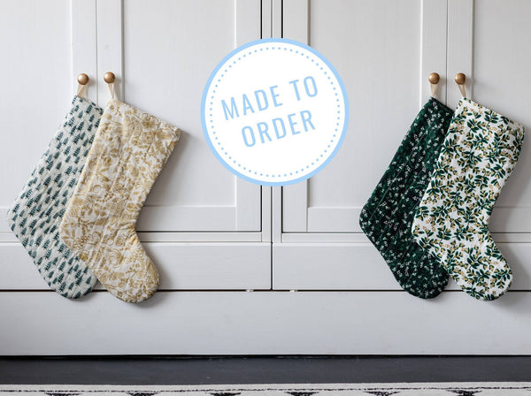 Green and gold quilted Christmas stocking set of 4, Rifle Paper Co Christmas decorations, rustic farmhouse holiday decor, MADE TO ORDER