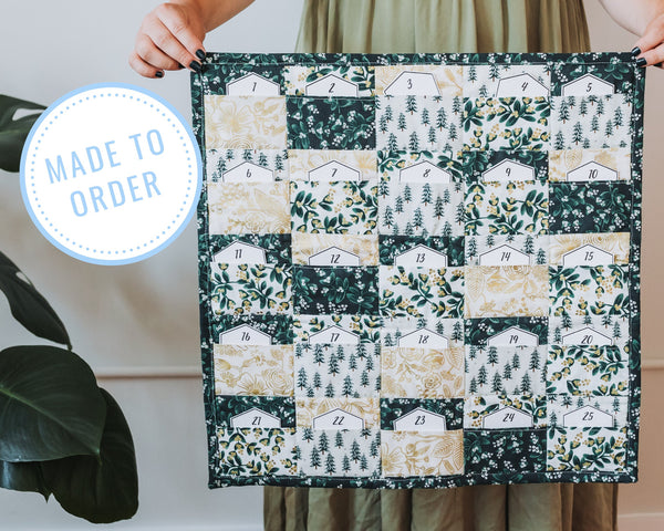 Green and gold Christmas quilted advent calendar, Christmas for kids, Rifle Paper Co Christmas decorations, rustic farmhouse holiday style