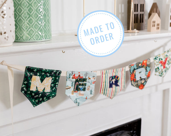 Merry Christmas banner, Rifle Paper Co holiday classic decor, applique pendant banner, fun and festive colorful fabric bunting, gift for mom